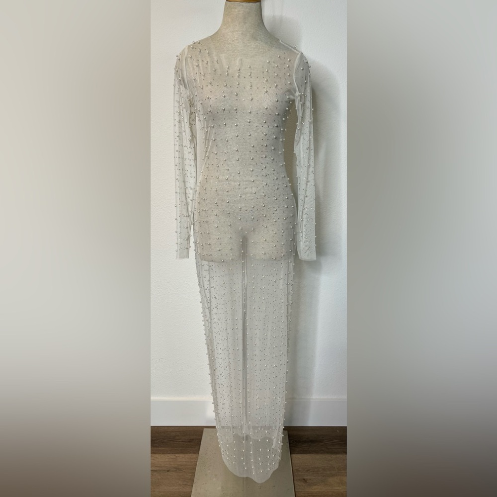 Pearl and Rhinestone Embellished Sheer Long Sleeve Dress Cover-Up